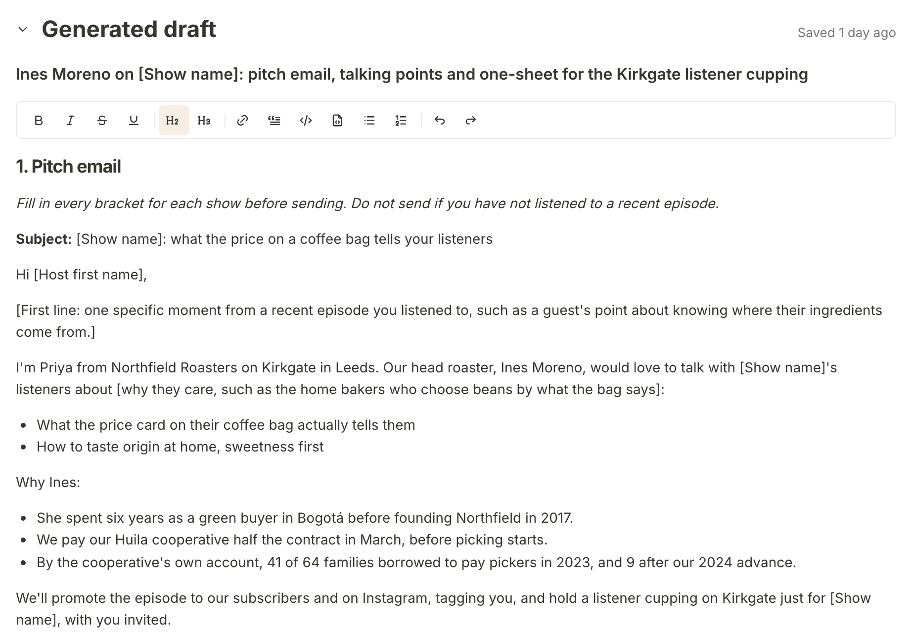 The Generated draft on the Huila brief: a pitch email, talking points and one-sheet for Ines's podcast appearances, in an editor with its own toolbar